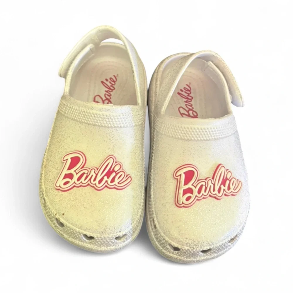 Sparkly white and pink Barbie crocs clog slide on shoes girls size 9
